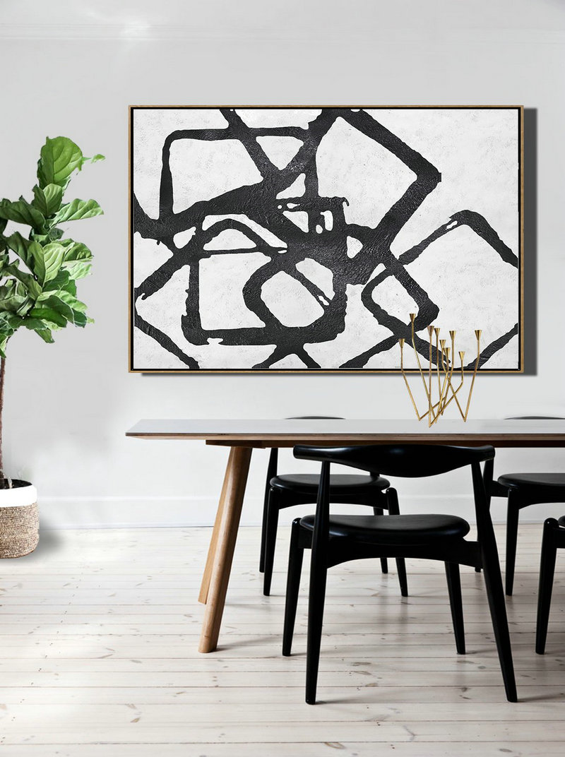 Canvas Wall Paintings,Oversized Horizontal Minimal Geometric Art On Canvas, Black And White Minimalist Painting - Extra Large Paintings